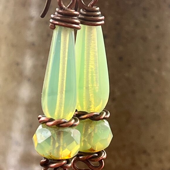 Elegant Tea Green Opalite Dangle Earrings, Wire Wrapped Drop Earrings - Picture 4 of 4